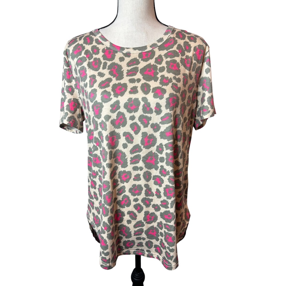 Crazy Train Womens Pink Leopard Animal Print Short Sleeve T-Shirt Top Size M